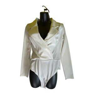 Fashion Nova Off-White Long Sleeve Bodysuit Size XL Sexy Secretary Classic Y2K